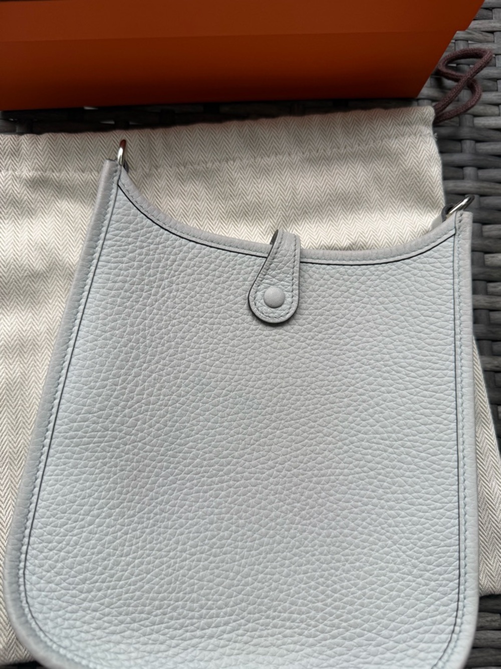 HERMÈS Mini Evelyne Amazone TPM 16 Bleu Pale & Gris Etain Full Set Receipt Copy - Picture 13 of 14